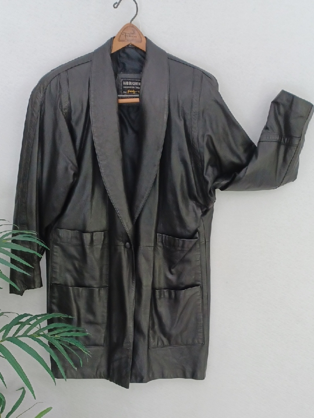 Classic Custom Vintage Black Leather 3/4 Length Jacket, Multi Pocket, 1 Button
